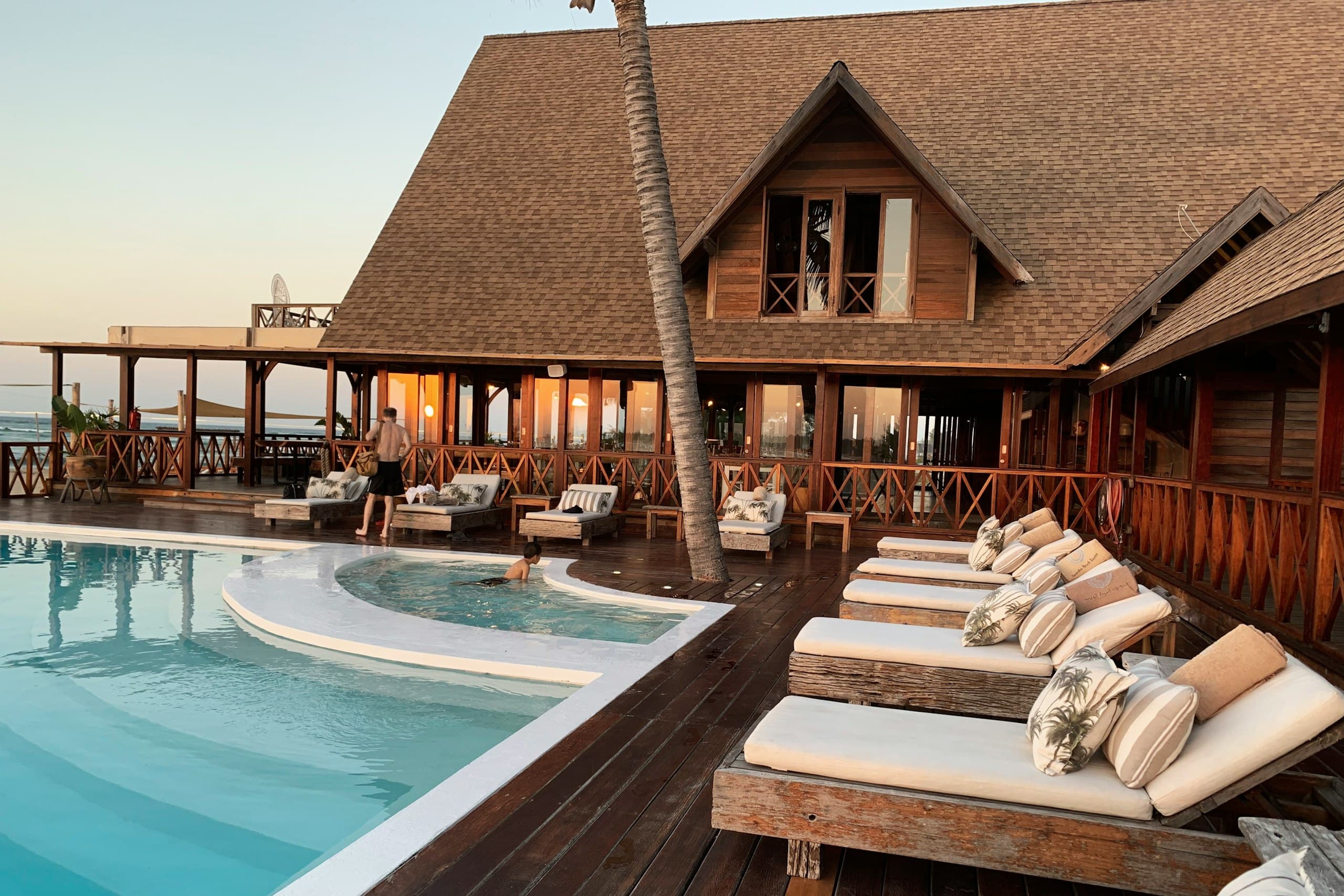 Luxury resort exterior at dusk